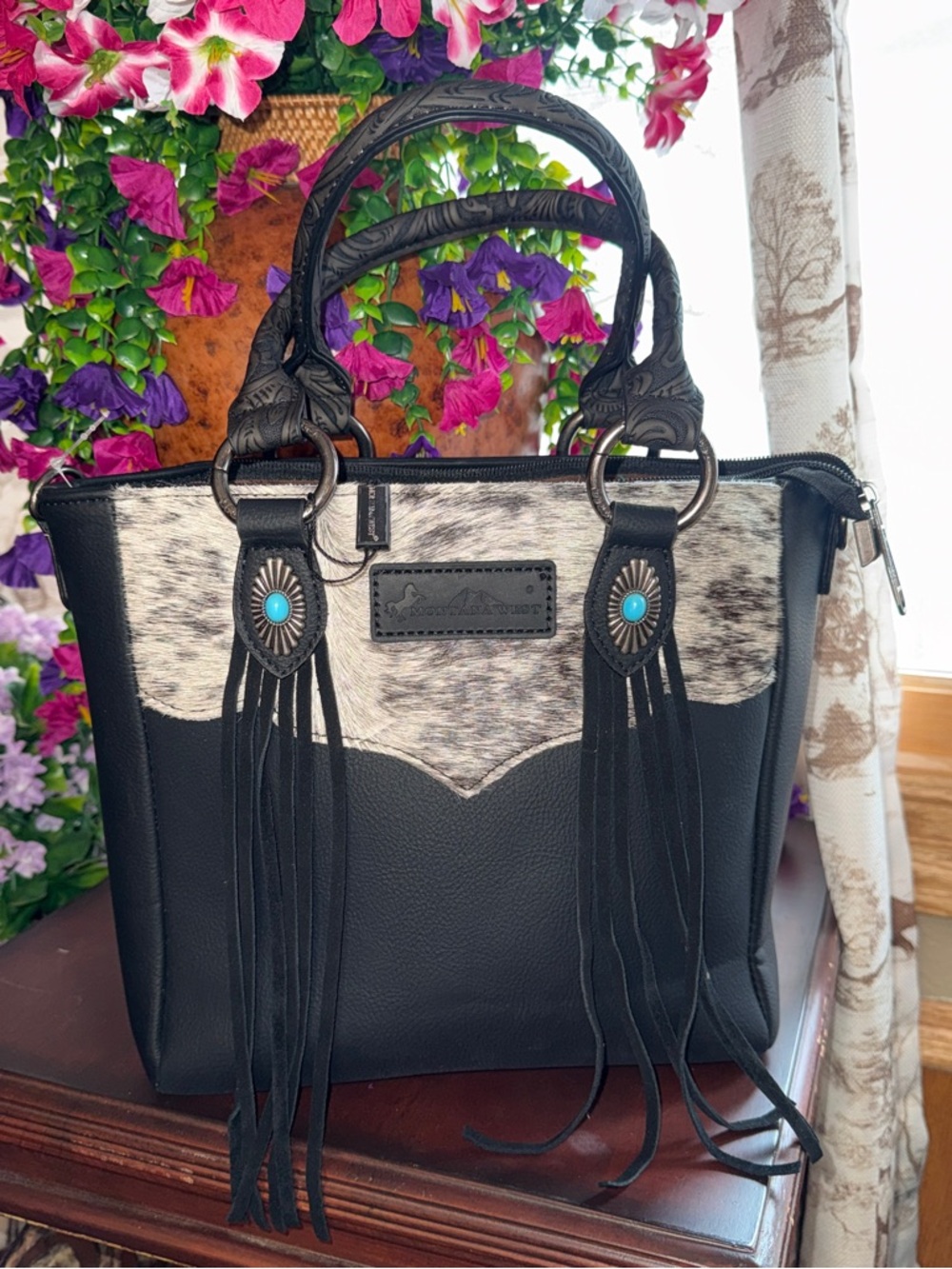 Montana West Black Tote with White Haircalf and Turquoise Accents